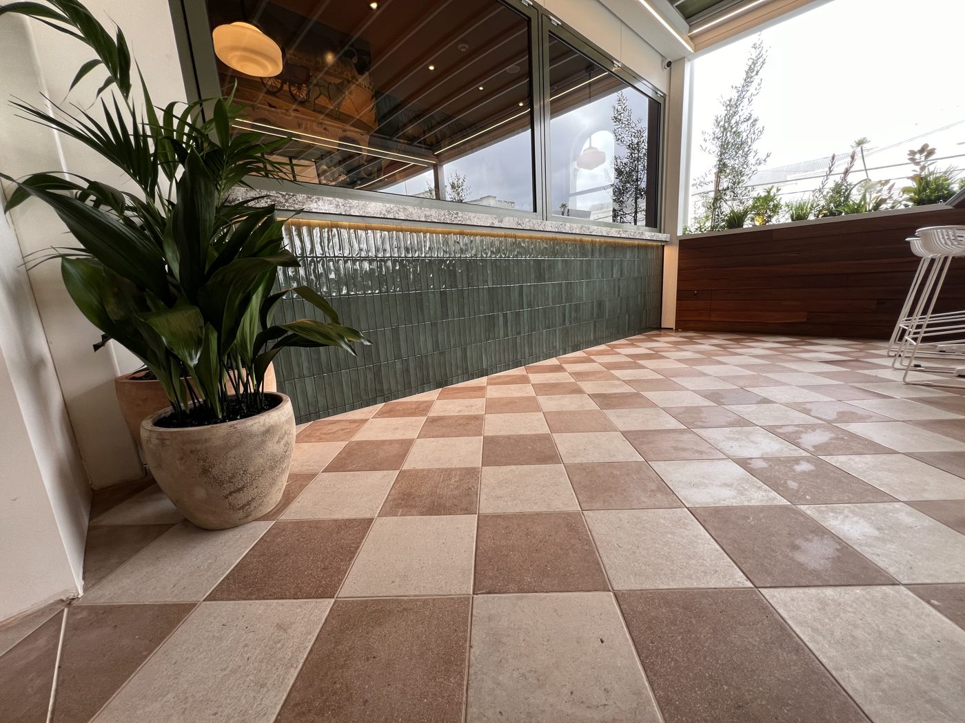 Rooftop terrace with terracotta checkerboard tiling